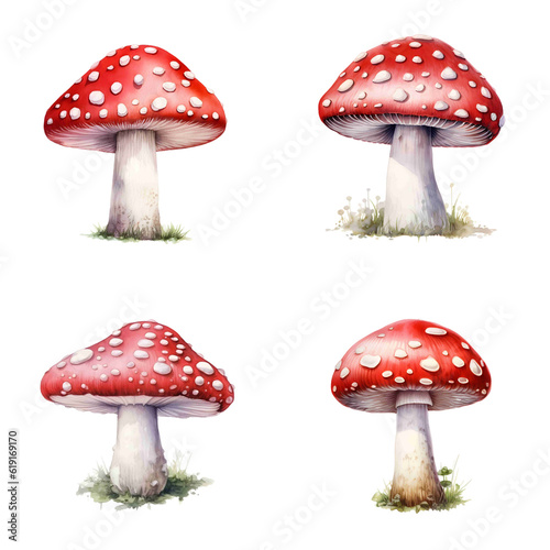 Hand painted watercolor clipart of red mushroom set