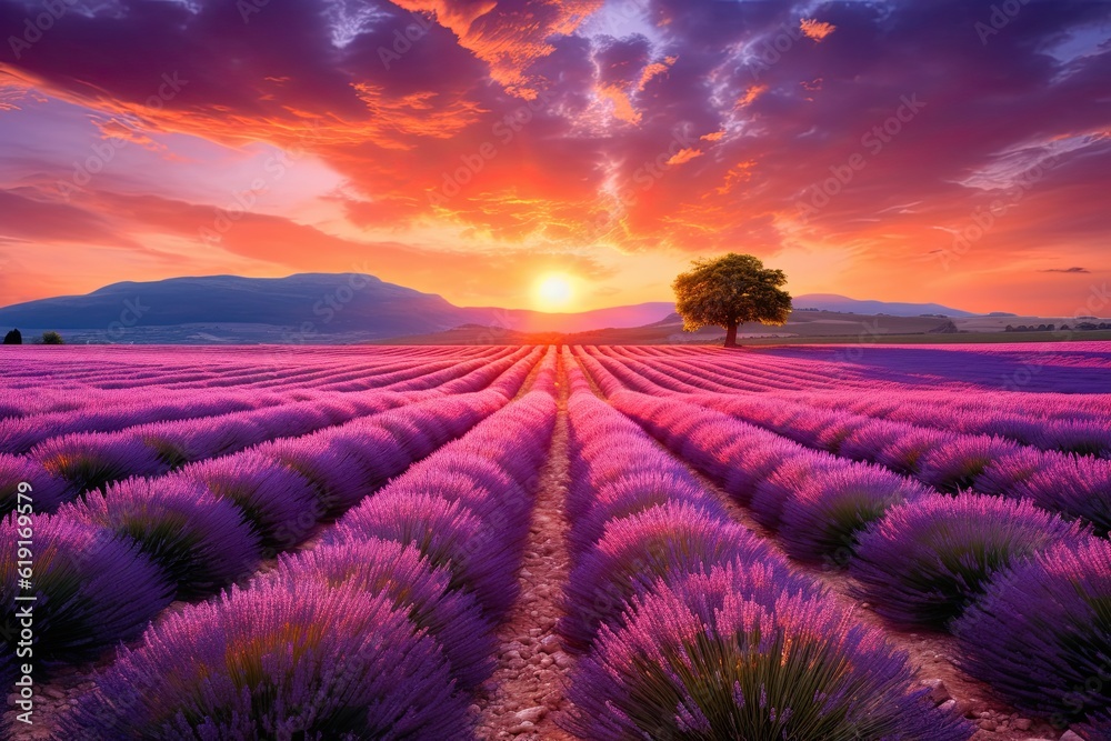 Beautiful landscape of lavender field with setting sun and orange sky Beautiful landscape of lavender field with setting sun and orange sky