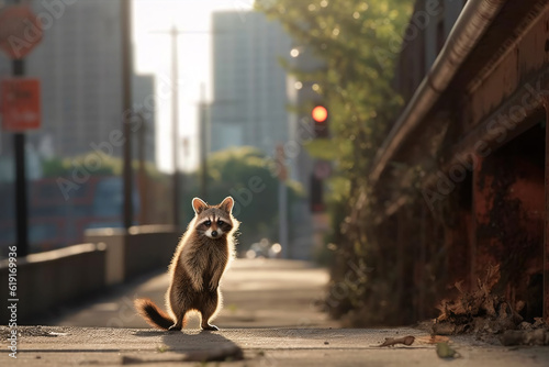 Wildlife in the City: A raccoon or squirrel exploring an urban environment. Generative AI. © ckybe