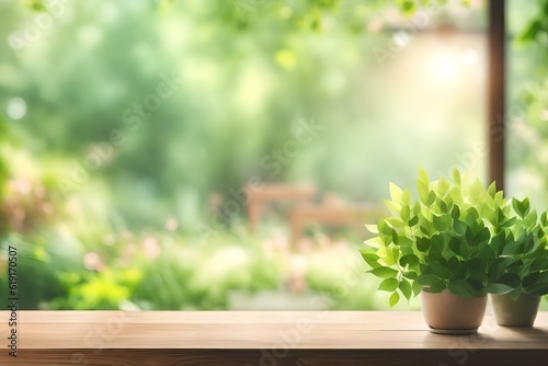 Abstract Natural Spring Blurred Garden Leaves View from Living Room Window with Wooden Table Counter Background, Promote, Create Light Soft Colors Design Banner ads on display concept Generative AI