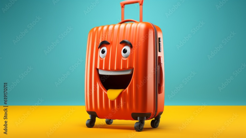 Fototapeta premium Excited yellow baggage running in an empty space, isolated on a complementary colors background, brings the joy of travel, generative ai