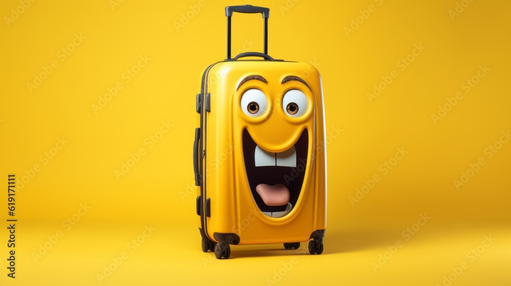 Fototapeta premium Excited yellow baggage running in an empty space, isolated on a complementary colors background, brings the joy of travel, generative ai
