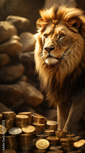 Lion several gold coins Generative AI	
