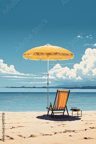 Yellow umbrella and beach chair face the vast sea, offering a serene spot for relaxation and vacation.