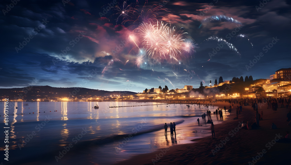 Amazing fireworks illuminating the night sky, viewed from the serene ...