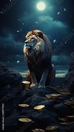 Lion several gold coins on moon light Generative AI  