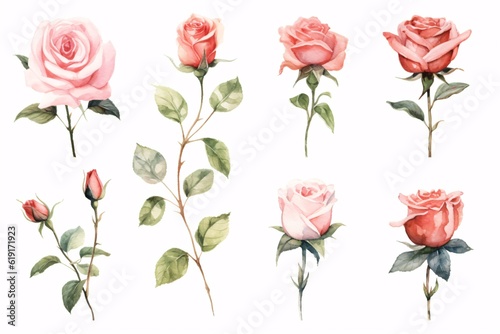 Flowers roses, branches, leaves and buds on an isolated white background, watercolor illustration, floral design. Generative Ai.