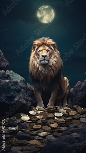 Lion several gold coins on moon light Generative AI  