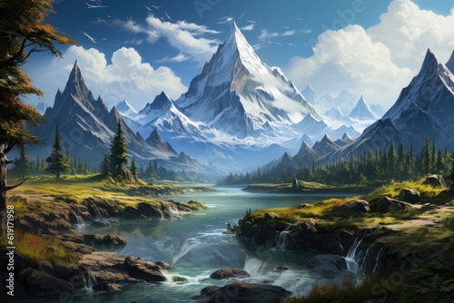 A majestic view of fantasy mountain landscapes with high peaks and vales. (Illustration, Generative AI)