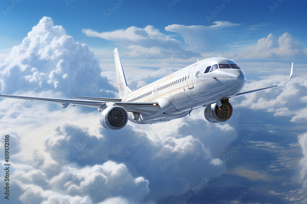 A plane traverses the blue sky, surrounded by clouds, beckoning to the allure of travel and vacation.