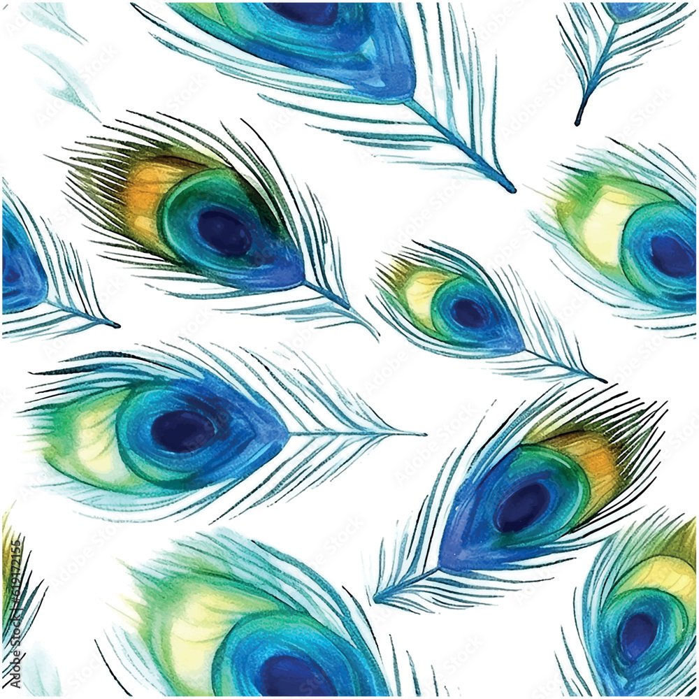 Obraz premium Beautiful pattern art illustration with colorful peacock feathers watercolor blue background.
