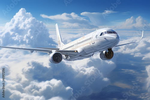 A plane traverses the blue sky  surrounded by clouds  beckoning to the allure of travel and vacation.