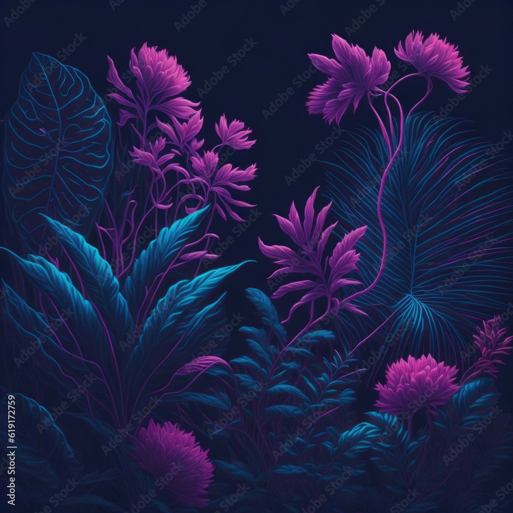 Natural Floral Shapes, Abstract Background With Leaves and Flowers, Neon Tube Lights, Party Club Mood, Generative AI Natural Floral Shapes, Abstract Background With Leaves and Flowers, Neon Tube Lights, Party Club Mood, Generative AI
