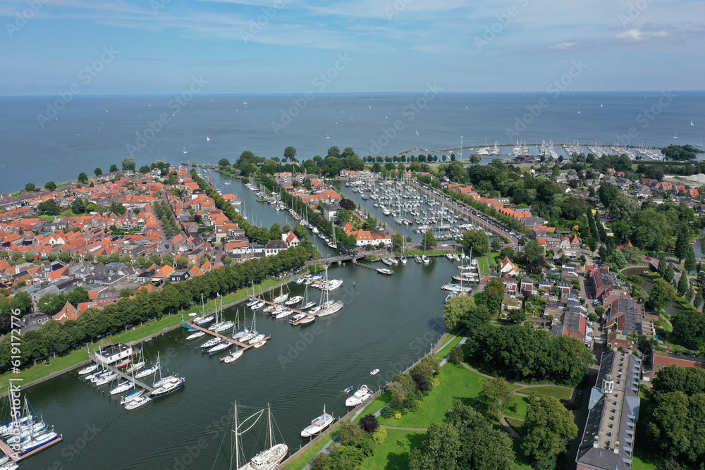 Drone overview photo of Medemblik, the Netherlands. This is a small town on the Ijsselmeer with many opportunities for water sports enthusiasts. There are also many old historic buildings