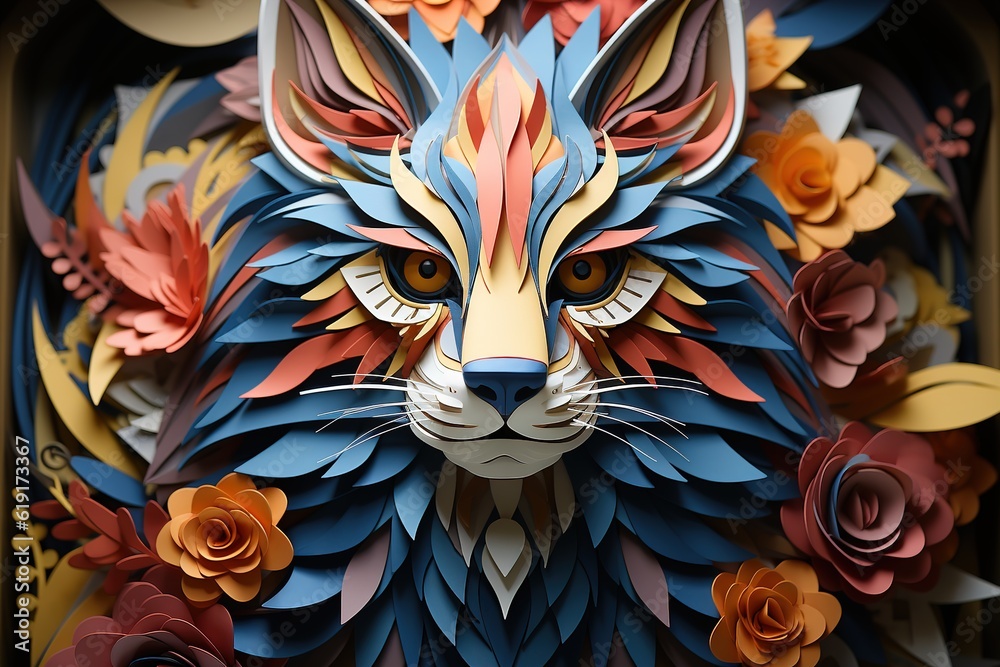 paper cut out volumetric cat portrait 