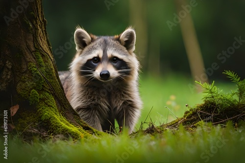 raccoon in the forest with green field