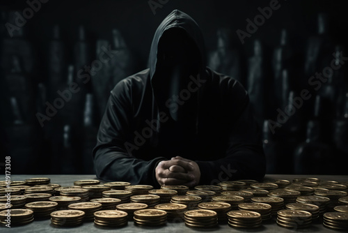 criminals wear black masks with several gold coins Generative AI