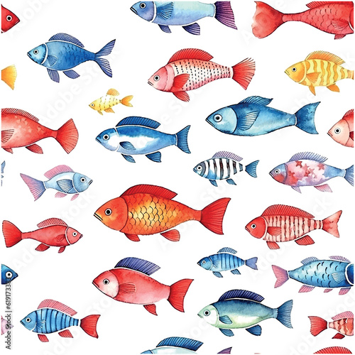 Fish pattern watercolor in sketch style. Botanical seamless pattern. Vector art illustration.