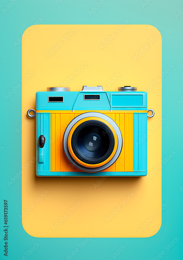 camera illustration, blue and yellow, vintage, vertical