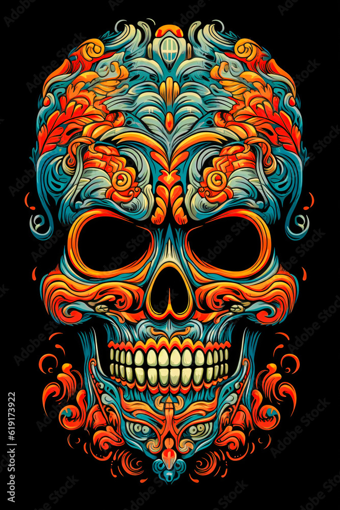 portrait illustration of a skull super detailed style against black background