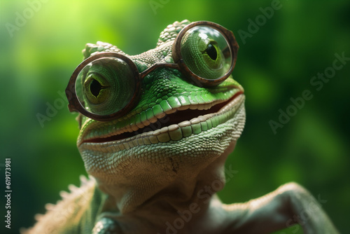 wildlife animal lizard glasses reptile green close-up iguana scale portrait. Generative AI.