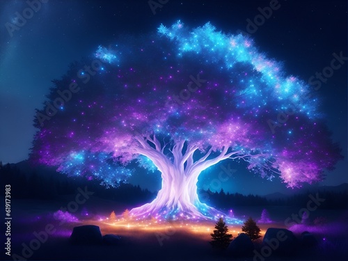 A vivid luminous colossal giant divine crytal tree, landscape made with Generative AI.