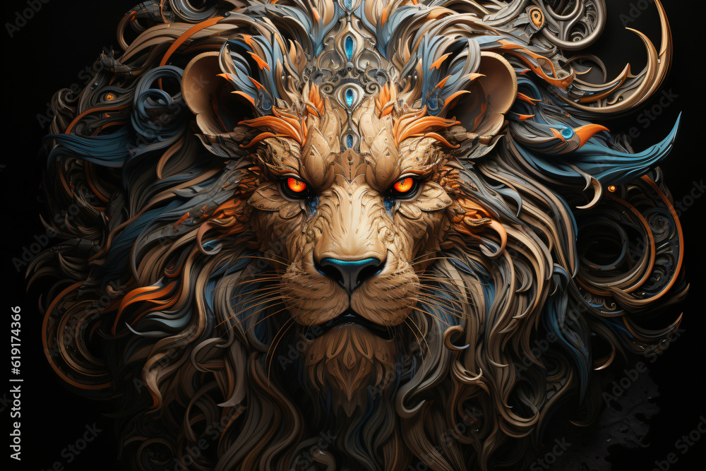 portrait of a lion in creative tattoostyle like clipart isolated against black background	