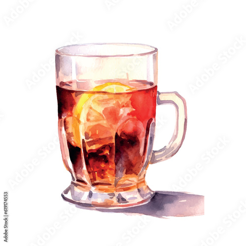 Cold tea lemon summer watercolor in retro style on white background. Natural background.