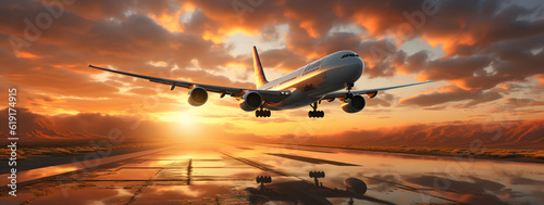 The sun sets on a plane as it soars through the colorful sky, essence of travel and vacation. It represents the adventure that takes us to new destinations. AI Generated