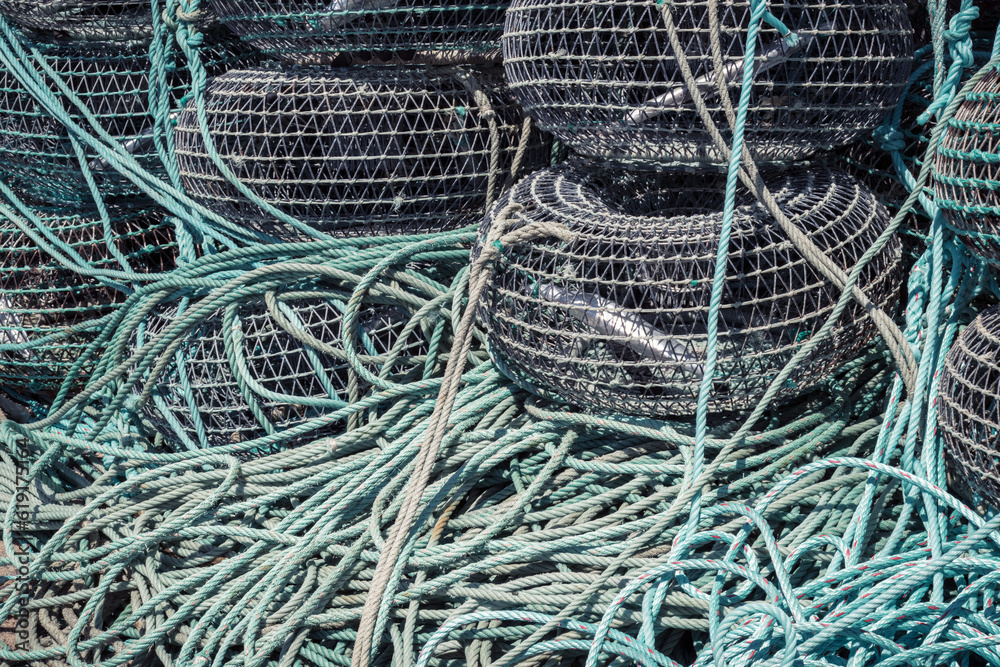 Fishing trap cages and green ropes at Angeiras beach, Matosinhos, Porto, Portugal