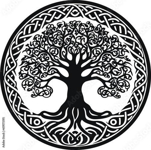 Vector illustration, decorative Celtic tree of life, black and white design isolated on white background photo
