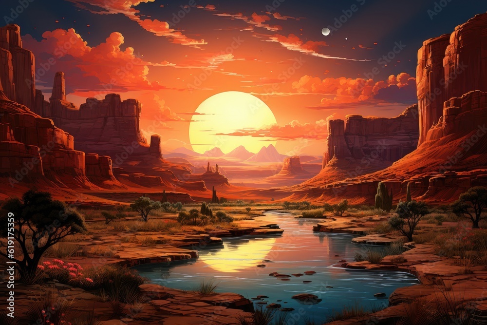 The background showcases a fiery canyon, silhouette mountains, and setting sun. (Illustration, Generative AI)