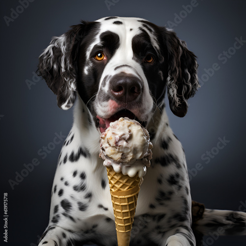 AI generation  illustration. The dog eats ice cream.