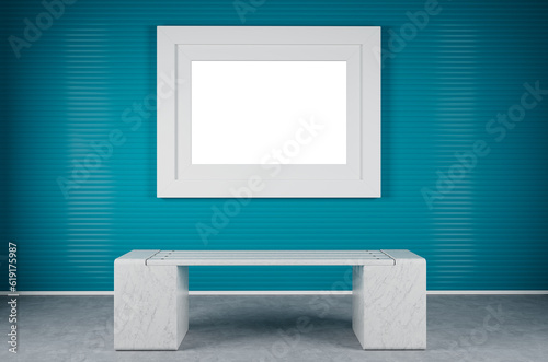 Interior Room 3D Rendered Picture Frame Wall with Bench and Clipping Path