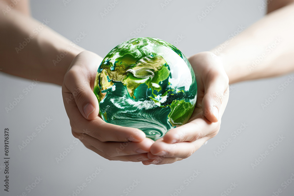 Hands Holding The Green Planet, Closeup On White Background. Generative AI Hands Holding The Green Planet, Closeup On White Background. Generative AI