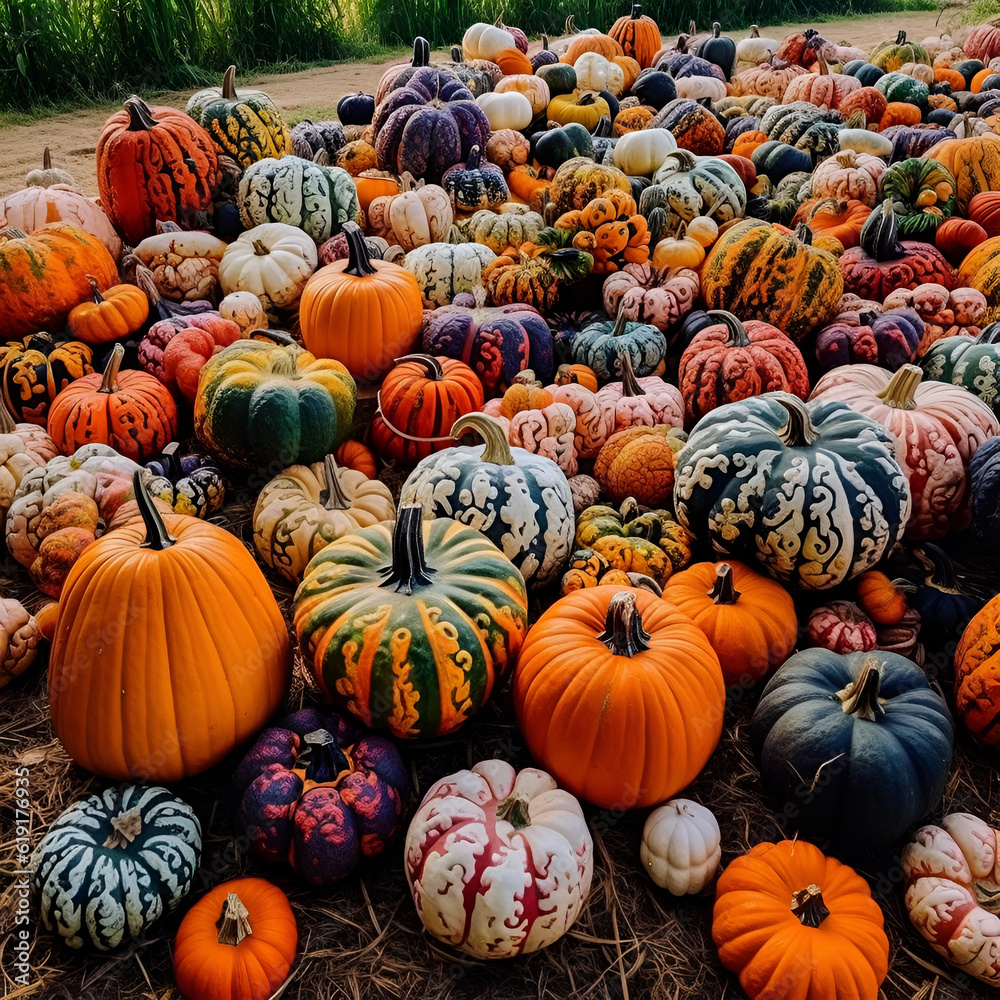 Generative AI illustrations, Pile of pumpinks of different colors. Orange, brown and green pumpinks. Autum harvest.