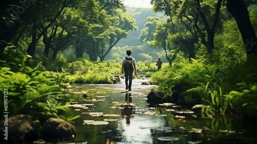 Rear view of a young man walking along a stream in a forest