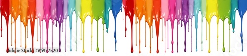 Colorful rainbow color acrylic paint flowing down over white background banner panoramaic, wide panoprama long, dripping colorful liquid. Digital art (Generative Ai)