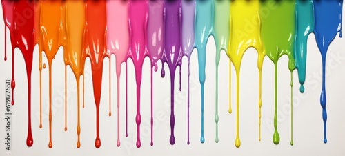 Colorful rainbow color acrylic paint flowing down over white background, dripping colorful liquid. Digital art (Generative Ai)