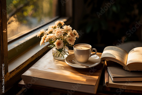 Moment pour lire à un livre avec un café et des fleurs à côté sur une table dans une maison de campagne. photo