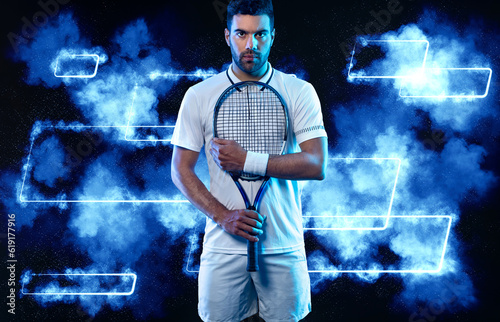 Tennis player banner with blue neon lights. Tenis template for bookmaker design ads with copy space. Mockup for betting advertisement. Sports betting on tenis © Mike Orlov