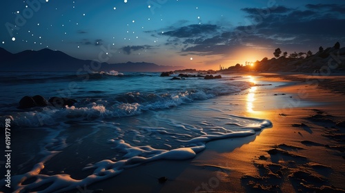 Sstunning interpretation of ocean waves, evening nature, under the moon