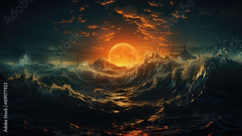 Sstunning interpretation of ocean waves, evening nature, under the moon