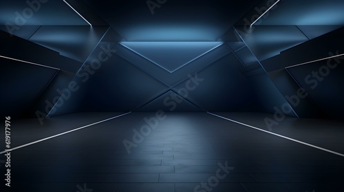 Empty geometrical Room in Dark Blue Colors with beautiful Lighting. Futuristic Background for Product Presentation.