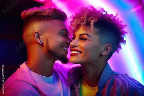 smiling couple gay, LGBT concept, positive and joyful. Neon club color background