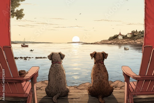 Romantic painting of Dogs watching the beach coast.