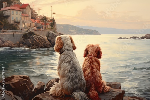 Romantic painting of Dogs watching the beach coast.