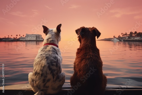 Romantic painting of Dogs watching the beach coast.
