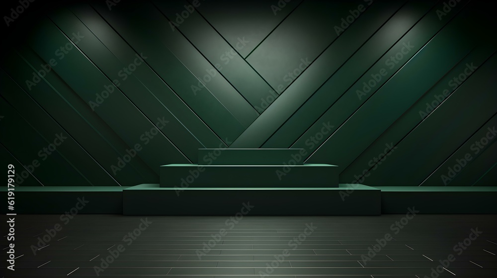 Empty geometrical Room in Dark Green Colors with beautiful Lighting. Futuristic Background for Product Presentation.