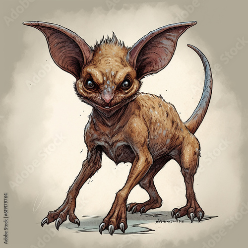 Chupacabra, scary fantastic mystical creature, close-up, with big ears and long claws, baby gargoyle, generative ai photo